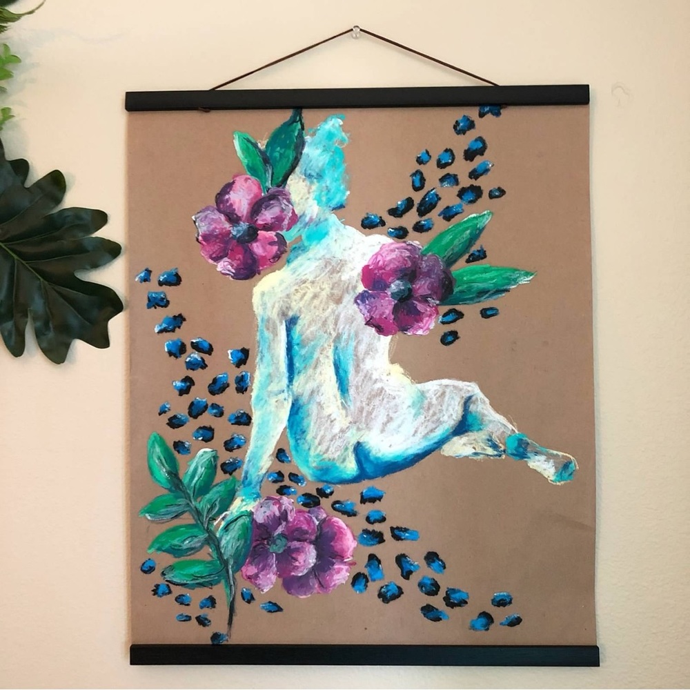 Original Oil Pastel Painting on Brown Paper Nude Figure Floral